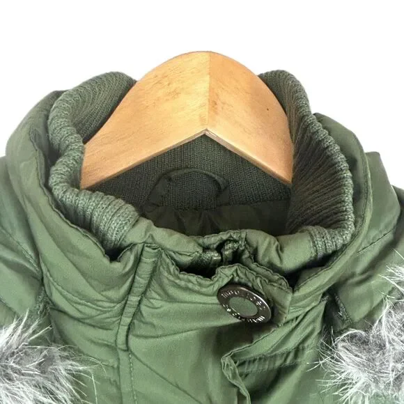 Fun DOWN Puffer VEST Maurices M with Faux Fur on Removable Hood Olive Green - Picture 9 of 13
